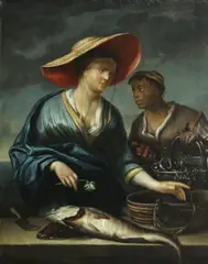 Melchior Brassauw, A fishwife with a servant, oil on canvas