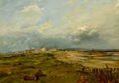 Dutch School, A Dutch landscape under a threatening sky, oil on canvas