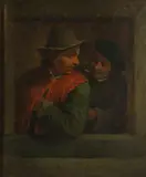 Flemish School, Two figures at a window, oil on panel