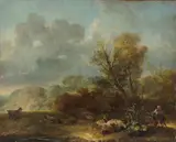 Jean-Honoré Fragonard, A landscape with figures and donkeys in the foreground, oil on canvas