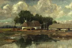 Hungarian School, Farm buildings by a pond, oil on board