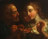 A woman accepting a necklace from an old man by Italian School, oil on canvas, sold Mar 2013