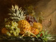 Annie Feray Mutrie, A still life with pineapple, grapes and a crystal goblet, oil on canvas