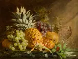 Annie Feray Mutrie, A still life with pineapple, grapes and a crystal goblet, oil on canvas