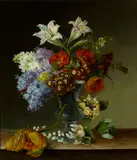 Hermania Sigvardine Neergard, A still life with lilac, honeysuckle, lilies-of-the-valley and other blossoms in a crystal vase, oil on canvas