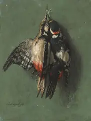 Pics épeiches (Great-spotted woodpeckers); Grives litornes (Fieldfare thrushes) (a pair) by Benjamin Raspail fils, sold Mar 2013