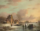Jan Jacob Spohler, A winter landscape with skaters at sunset, oil on panel