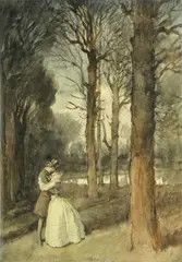 Hugh Thomson, The lovers in the forest, watercolor over pencil on paper laid down on board