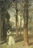 Hugh Thomson, The lovers in the forest, watercolor over pencil on paper laid down on board