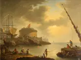 Joseph Vernet, A seaport with figures fishing in the foreground, oil on canvas