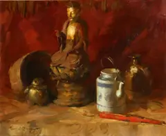 Sergei Bongart, Still life with Buddha, teapot and fan, oil on canvas