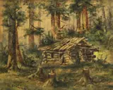 Meyer Straus, Log cabin in the forest, watercolor on paper