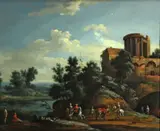 Flemish School, A landscape with classical ruins and figures in the foreground, oil on panel