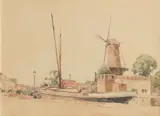 Cornelis Vreedenburgh, A view of a canal with a barge and a windmill, watercolor over pencil on paper laid down on board