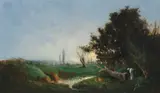 A landscape at sunset with a stream and a figure in the foreground by French School, oil on panel, offered Feb 2013