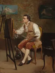 Ludovic, The artist in his studio, oil on panel