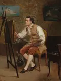 Ludovic, The artist in his studio, oil on panel