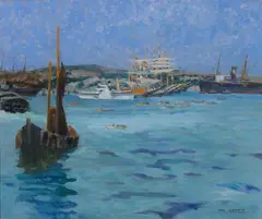 Alexandre Lunois, Shipping in a harbour, oil on canvas