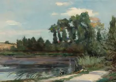 Maurice Grün, A river landscape with a washerwoman on the bank, oil on canvas
