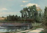 Maurice Grün, A river landscape with a washerwoman on the bank, oil on canvas