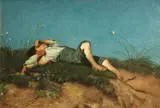 Boy resting on sand dunes by American School, oil on canvas board, sold Feb 2013