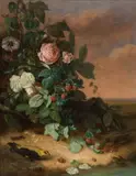 George Cochran Lambdin, Still life with flowers, berries and wildlife, oil on canvas