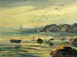 Joshua Meador, Coastal scene with figures on the rocks, oil on canvas