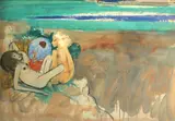 Robert Beauchamp, Figures and a baboon in a landscape, 1960, oil and pencil on paper on paperboard