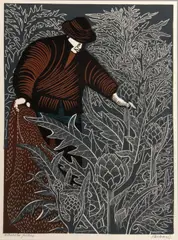 Artichoke Picker; Half Moon Bay; Mendocino, n.d. by Emmy Lou Packard, Linocuts, Artichoke and Mendocino in colors, on wove or laid paper, each signed in pencil and titled, sold Feb 2013