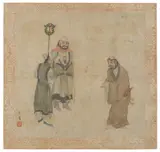 Hua Ziyou, Three Luohan, Album leaf, ink and color on silk, mounted; signed Ziyou with one seal (stains, losses, abrasions)