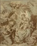 Pietro da Cortona, Adoration of the Holy Child, brown wash on blue paper heightened with white