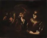 Pietro Ricchi, A man smoking a pipe and a woman holding a candle, oil on canvas