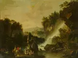 Flemish School, An extensive landscape with a waterfall and figures in the foreground, oil on canvas laid down on board