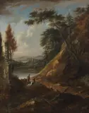 Flemish School, An extensive landscape with drovers and sheep on a track in the foreground and ruins in the distance, oil on canvas