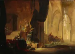 Adriaen Verdoel, A church interior with an angel and a priest, oil on cradled panel