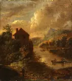Dutch School, An extensive landscape with figures fishing on a river and a watermill in the distance, oil on panel