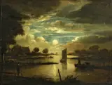 Aert van der Neer, A moonlit polder landscape with figures, oil on panel