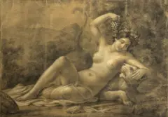 German School, A bacchante with a lion in a landscape, black chalk heightened with white on paper