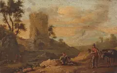 Continental School, A landscape with figures and a donkey on a track, oil on panel