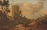 A landscape with figures and a donkey on a track by Continental School, oil on panel, sold Jan 2013