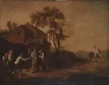 Figures pitching quoits before an inn by English School, oil on canvas, sold Jan 2013
