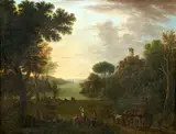 John Wootton, An extensive river landscape with figures and a wagon on a track, oil on canvas