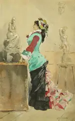 Henry Somm, In the sculptor's studio, watercolor