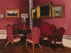Hungarian School, A drawing room interior, thought to be at Gödöllo Palace, Budapest, oil on board laid down on board