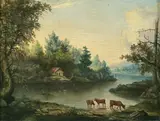 Cattle watering by a lake by German School, oil on board, offered Jan 2013