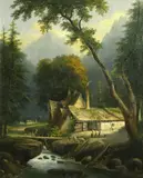 A mountainous landscape with figures near a farmhouse by German School, oil on canvas, sold Jan 2013