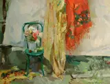 Sergei Bongart, Chair with curtain, oil on board