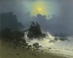 Clarence E Braley, Fishing from the shore, pastel on paperboard