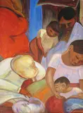 Margaret Bell Bruton, Immigrants resting, oil on canvas board