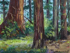 Eldridge Ayer Burbank, Tree-lined road; A redwood grove; Scene in the redwoods; Winter scene with trees and a creek (group of 4), first, second and third oil on board; fourth oil on canvas board
